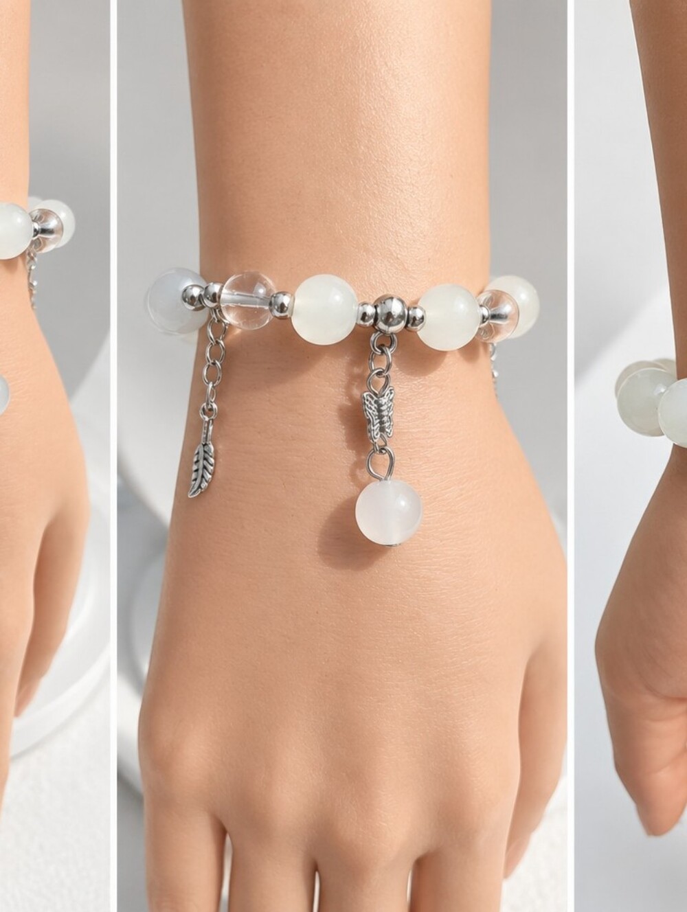 Natural White Jade Beaded Stretch Bracelet with Silver Feather Charms